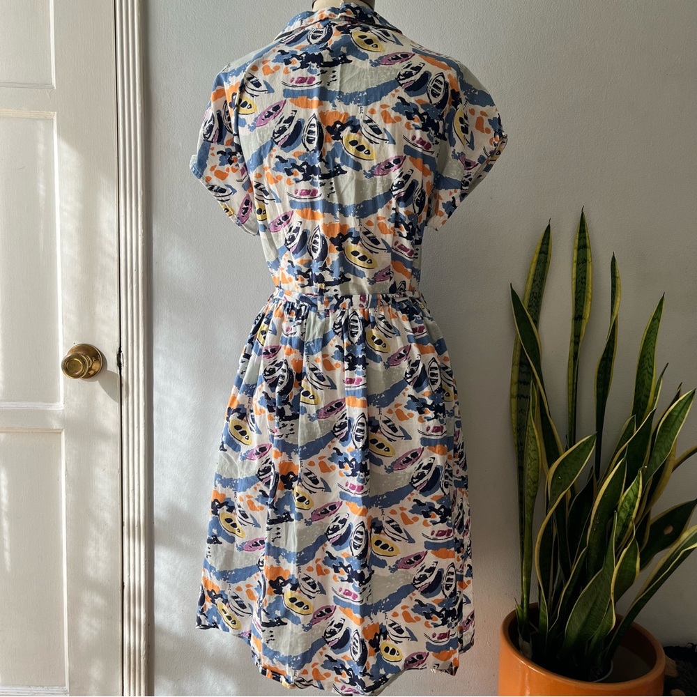 Boden• Retro Rowboats Cotton Linen Belted Fit & Flare Shirt Dress•Size 10 - Picture 4 of 16